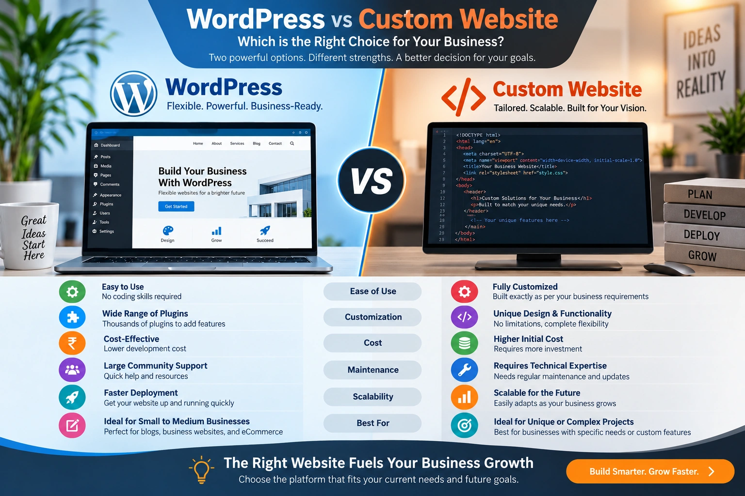 WordPress vs custom website comparison for businesses